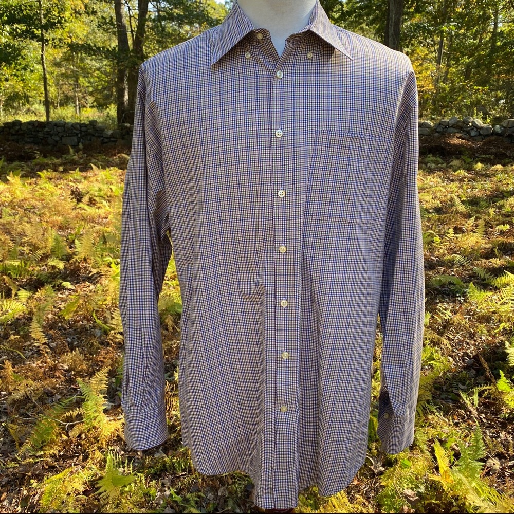 PETER MILLAR BUTTON DOWN SHIRT PLAID BLUE WHITE TAN RED GREEN COTTON Size XL